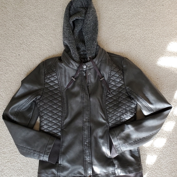 meriam knit hood faux leather jacket